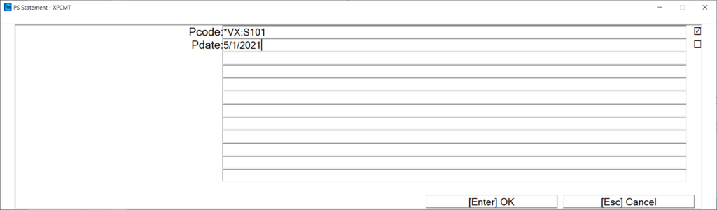 Sample Adding P CODE *vX:S101 with backdate of 5/1/2021