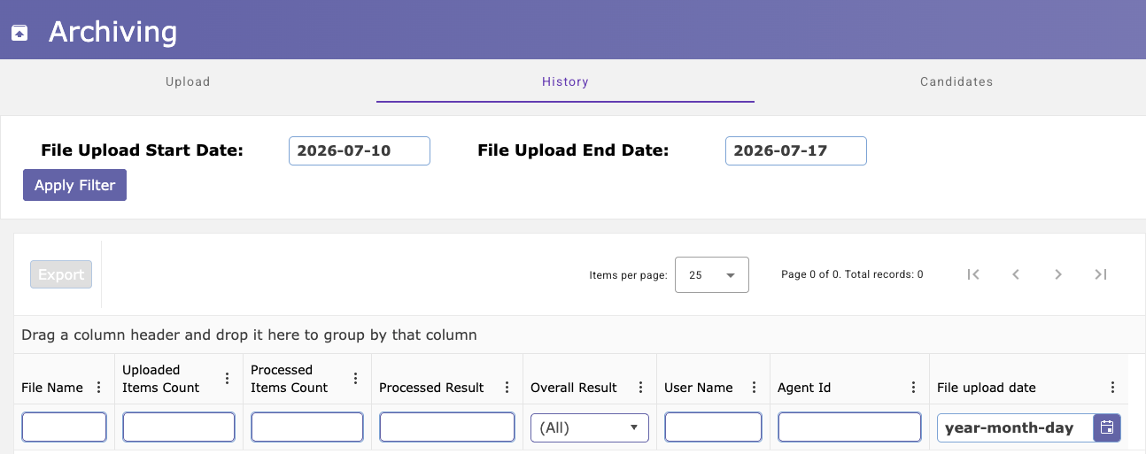 Archiving History Tab